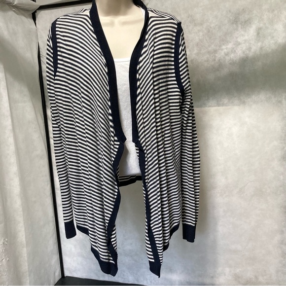 ANN TAYLOR LOFT Black and White Striped Open Button Cardigan Womans Large - Picture 4 of 16